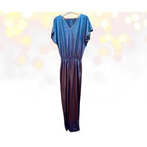 Vintage Women's V-Neck 80's Silky Jumpsuit With Gold Trim & Elastic Waist size L